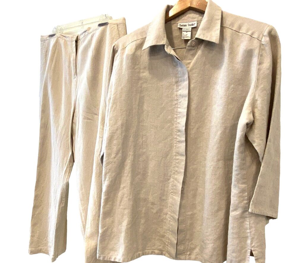 100% Linen FLAX Blouse Top 3/4 Ecru Button Up Placket Classic Career NWOT 16